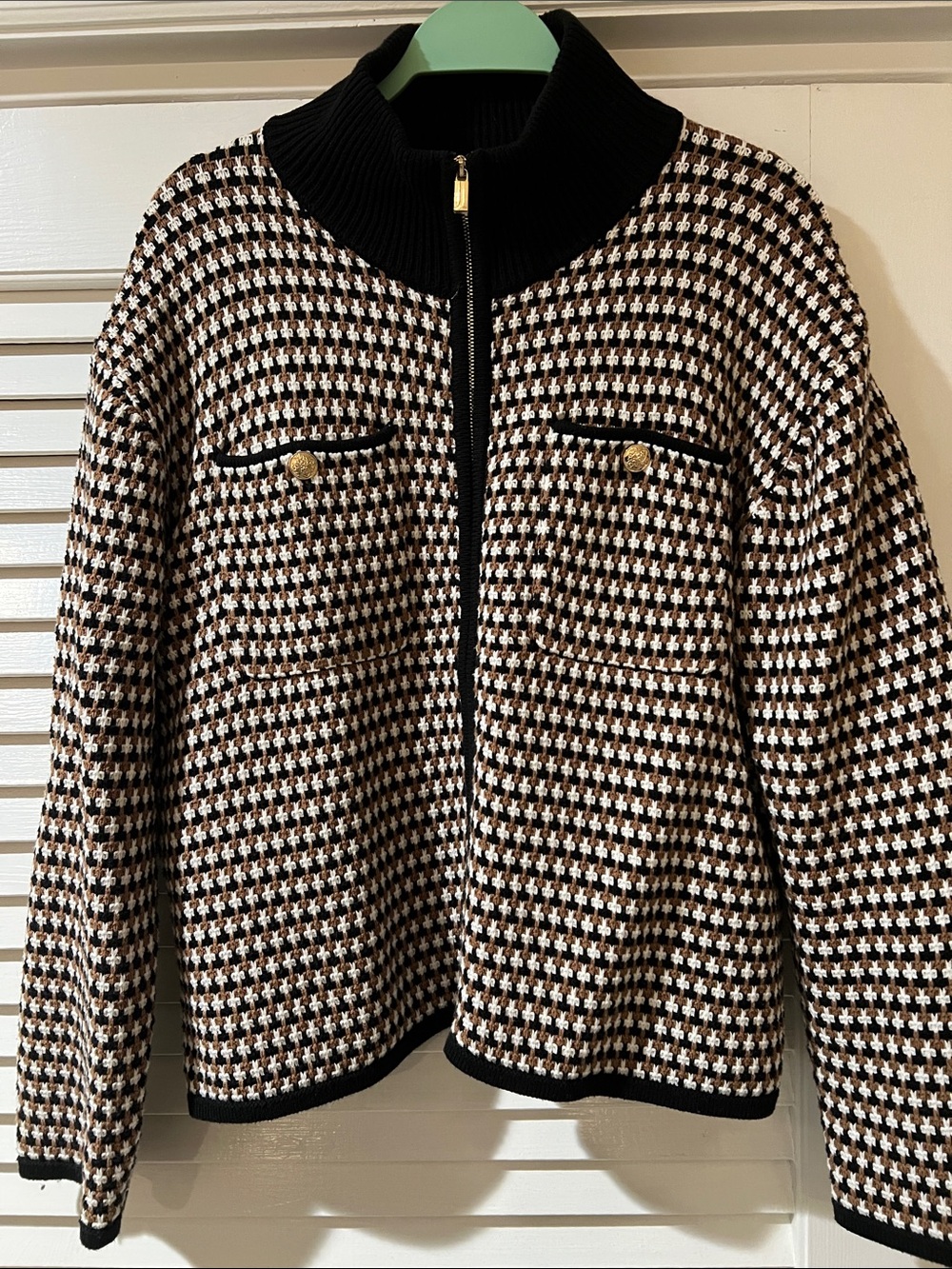 Houndstooth Knit Zip Cardigan with Gold Buttons - Black,White,Brown